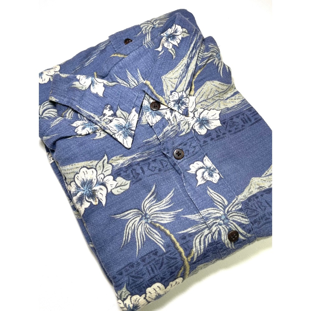 Vintage Big Dogs 90s Hawaiian Shirt Mens S/M Blue Cotton Rayon Aloha Palm Tree